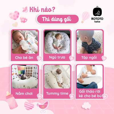 Gối chống trào ngược cho bé - Gối chữ C cao cấp nhập khẩu ROTOTO (Hồng họa tiết gấu)