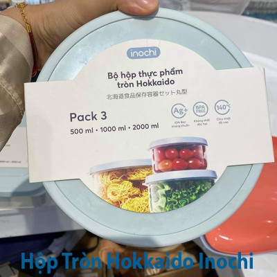Bộ 3 hộp thực phẩm tròn Hokkaido 500-1000-2000ml (Tặng kèm Sticker)- chính hãng INOCHI an toàn tiêu chuẩn Nhật Bản