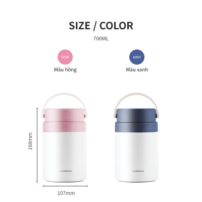 Hộp cơm giữ nhiệt Lock&Lock màu xanh navy LHC8042NVY 700ml - Hàng chính hãng, 2 ngăn kèm muỗng inox, có thể ủ cháo cho bé - JoyMall