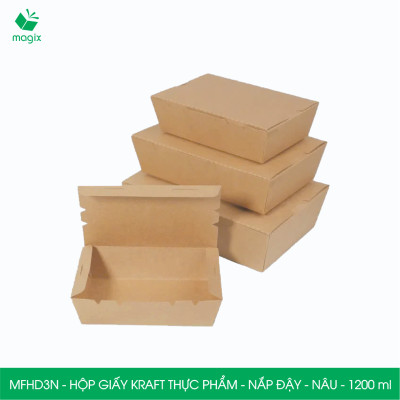 MFHD3N - Combo 50 hộp giấy kraft thực phẩm 1200ml, hộp đựng thức ăn nắp đậy màu nâu, hộp gói đồ ăn mang đi
