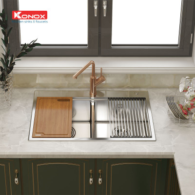 Chậu rửa bát Konox, Topmount Series, Model KN8250TD, Inox 304AISI tiêu chuẩn châu Âu, Hạ bậc tích hợp, 820x500x228(mm), Hàng chính hãng