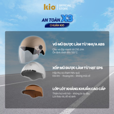 Mũ Bảo Hiểm Nửa Đầu Kio SafeStyle Go KN01KD, Kính Dài Phủ Nano Chống Tia UV, Lớp Lót Kháng Khuẩn