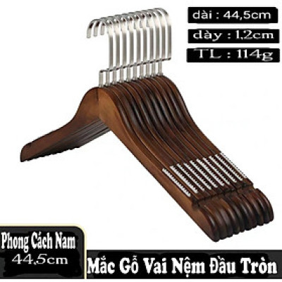 Combo CHỤC móc gỗ đầu tròn treo quần áo móc gỗ có vai nệm nam chống trượt dài 44,5cm