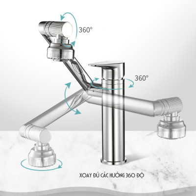 Vòi rửa mặt Lavabo cổ xoay 720 độ đa chiều, củ đồng, thân ngắn, mạ Crom, điều chỉnh nhiều chế độ tia nước Minh House