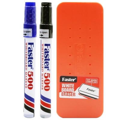 Vỉ 2 Bút Lông Bảng Faster 500 Mực Xanh Và Đen + Đồ Bôi Bảng - Faster WBE-F-SET6-BLBK (Mẫu Màu Giao Ngẫu Nhiên)