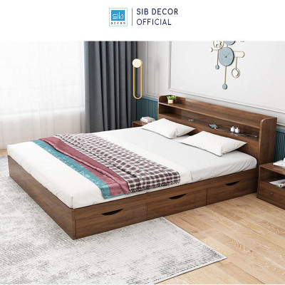 Giường Ngủ Gỗ Công Nghiệp Kèm 3 Ngăn Kéo Màu Walnut SIB Decor GN12