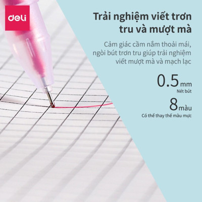 Bút gel 0.5mm nhiều màu Deli - có nắp gài - 1 chiếc - Đỏ/ Xanh Dương/ Xanh Lá/ Tím/ Cam - A119 .