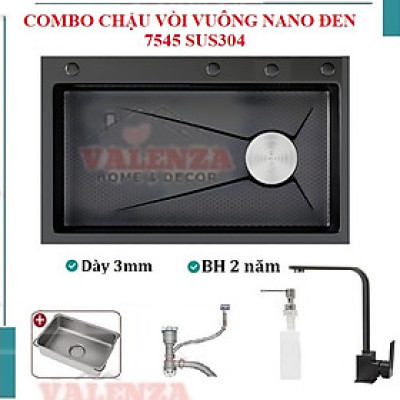 Chậu rửa bát 1 hố lớn inox 304 nano đen Valenza kháng khuẩn cao cấp kèm vòi rửa bát inox 304 nóng lạnh nano đen dáng Vuông, bộ xả to ngăn mùi, khay inox kín-TẶNG BÌNH ĐỰNG NƯỚC RỬA BÁT