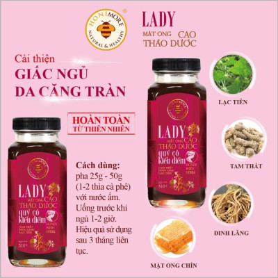 Mật ong thượng hạng - cao thảo dược Lady Honimore - dành cho Phụ nữ 
(Mật ong rừng bổ sung cao Tam Thất, cao Lạc Tiên, cao Đinh Lăng)