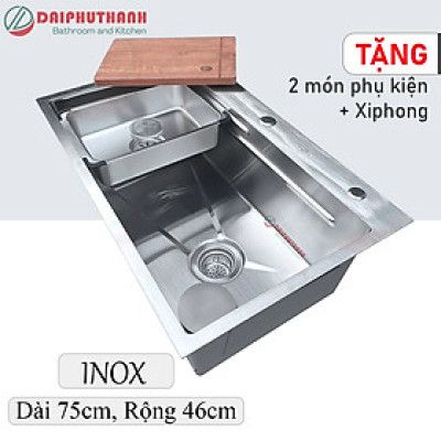 Chậu Rửa Chén Bát Inox 1 Hộc 75x46cm Nhiều Màu Inox Xước Xám Đen - Tặng 2 món phụ kiện thớt, khay, đầy đủ xi phông