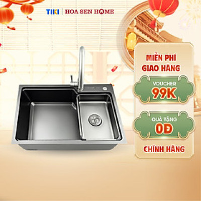 Bộ chậu rửa chén INOX 304 LUSHINE D003 công nghệ tạo hình thủ công, bề mặt Nano đen sang trọng, chống xước bền bỉ - Hoa Sen Home - Hàng chính hãng