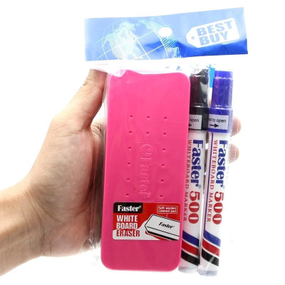 Vỉ 2 Bút Lông Bảng Faster 500 Mực Xanh Và Đen + Đồ Bôi Bảng - Faster WBE-F-SET6-BLBK (Mẫu Màu Giao Ngẫu Nhiên)