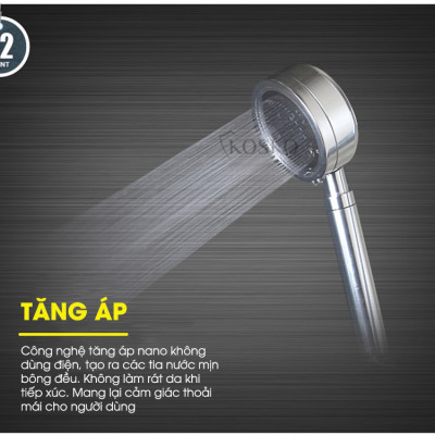 Vòi sen tăng áp Kosko không dùng điện, nhôm nguyên khối, công nghệ tia nước nano mềm dịu làn da