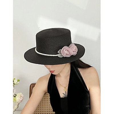 Nón mũ rộng vành nhỏ chất liệu cói mũ rộng vành đi biển phối đai ngọc trai nhân tạo gắn 2 hoa màu hồng xinh mẫu mới thời trang Hàn Quốc dona24082508