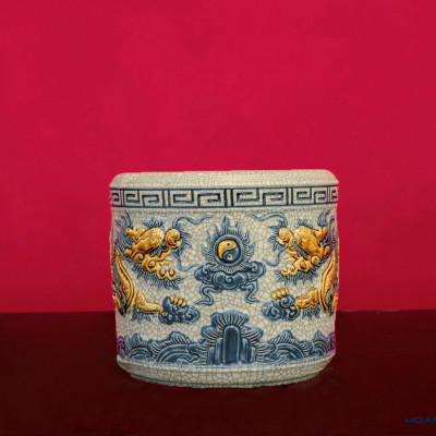 Bát Hương 12 - 14 cm Men Rạn Đắp Nổi Bát Tràng (Kèm Chân Đế)