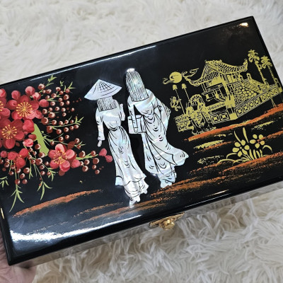 Hộp nữ trang sơn mài cẩn ốc chìm Cao Cấp size 14x24x6 cm đựng đồ trang sức, vật dụng nhỏ xinh, trang trí, làm quà tặng ý nghĩa