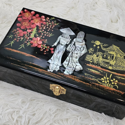 Hộp nữ trang sơn mài cẩn ốc chìm Cao Cấp size 14x24x6 cm đựng đồ trang sức, vật dụng nhỏ xinh, trang trí, làm quà tặng ý nghĩa