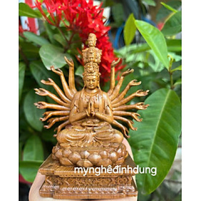 Tượng Phật ngài  nghìn mắt nghìn tay bằng gỗ bách xanh thơm nức cao 15x12x7cm 