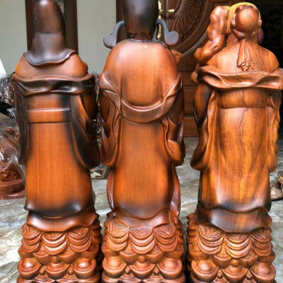 Bộ tượng phật tam đa phúc lộc thọ bằng gỗ hương đá ,tô làm mầu giả cổ kt 30×11×9cm