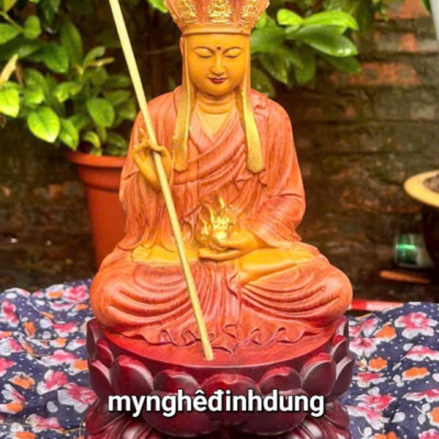Tượng phật địa tạng vương bồ tát bằng gỗ hương đá sơn pu giả cổ kt cao 30x15x15cm 