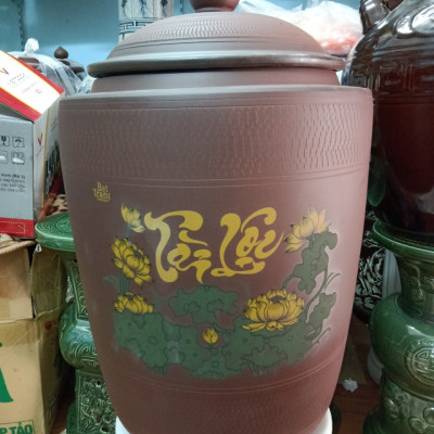 Hũ đựng gạo sành vẽ sen tài lộc gốm sứ  Bát Tràng