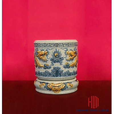 Bát Hương 12 - 14 cm Men Rạn Đắp Nổi Bát Tràng (Kèm Chân Đế)