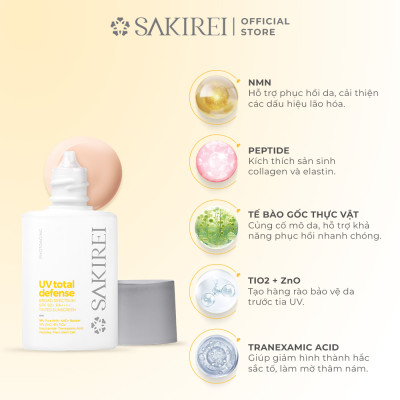 Chống nắng vật lý làm sáng mịn da Sakirei UV Total Defense Broad Spectrum SPF 50+ PA++++ Tinted Sunscreen