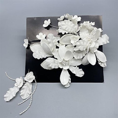 Cài tóc cô dâu hoa đất sét trắng lớn kèm hoa tai mẫu mới t7/2024