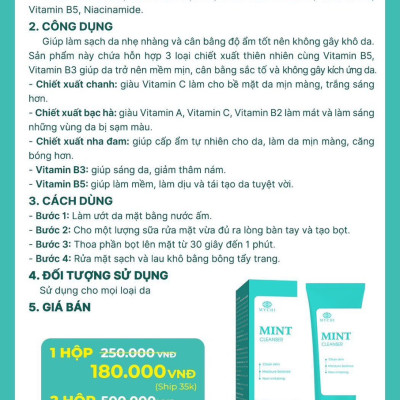 Sữa rửa mặt Mychi mint Cleanser Chính hãng