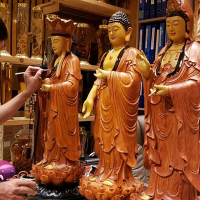 Bộ tượng phật tam thánh bằng gỗ hương đá tô làm mầu giả cổ kt cao 50×15×15cm 