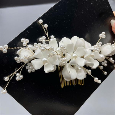 Cài tóc cô dâu hoa đất sét trắng có sẵn xược cài mã 004 - 18cm