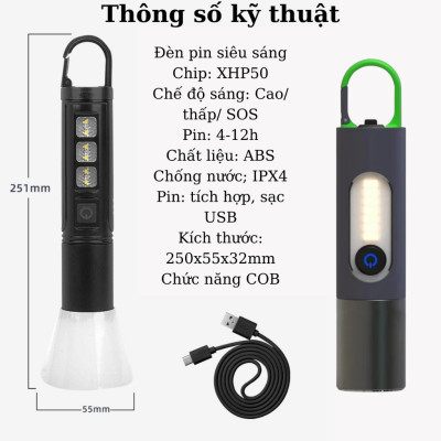 Đèn pin cầm tay siêu sáng chiếu xa 200m Zoom xa gần, Đèn pin Led cầm tay có móc treo, pin trâu, chống thấm nước IPX4-XST836 - Hàng chính hãng 