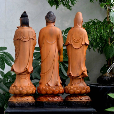 Bộ tượng phật tam thánh bằng gỗ hương đá tô làm mầu giả cổ kt 50×15×14cm
