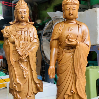 Bộ tượng phật tam thánh bằng gỗ bách xanh thơm nức kt cao 50×15×15cm