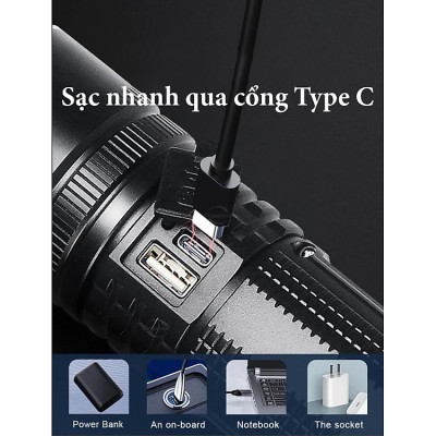 Đèn Pin Siêu Sáng, Đèn Pin Chiếu Sáng Cầm Tay Cao Cấp 4 Chế Độ Sáng Sạc Sạc Nhanh Type C Chiếu Sáng Khoảng Cách Lên Đến 200m Tích Hợp Đèn COB Tích Hợp Làm Pin Dự Phòng Chống Nước Tuỳ Chỉnh Được Tiêu Cự