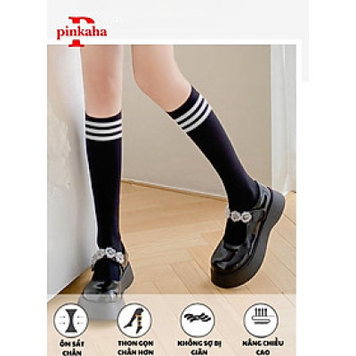 Tất Đùi Dày Dặn Qua Đầu Gối Dễ Thương Coplay Hàn Quốc Sọc Trắng Đen