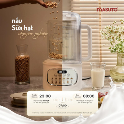 Máy làm sữa hạt thủy tinh chống ồn Masuto MS Love Plus dung tích 1,2L có hẹn giờ 12 chế độ nấu - Hàng chính hãng