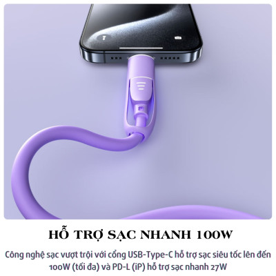 Dây cáp sạc nhanh 100W đa năng 4 in 1 USB-A / Type C ra Type C/ L cho iPhone iPad hiệu HOTCASE SiliFast trang bị Chip E-Market chống cháy nổ, truyền dữ liệu 480mbps - Hàng nhập khẩu