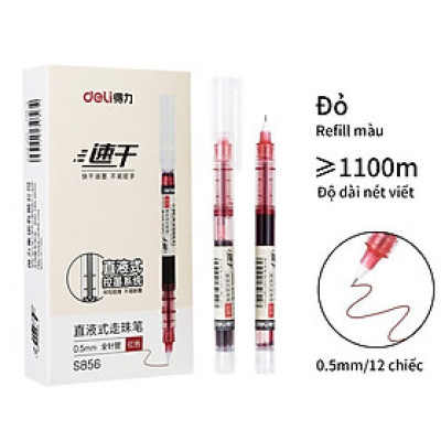 Hộp 12 bút bi nước Deli S856 ngòi 0.5mm / Bút lông kim viết thư pháp mực gel Deli 856