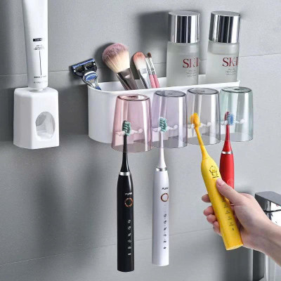 Bộ Nhả Kem Đánh Răng Tự Động – Kệ Bàn Chải Dán Tường, 4 Cốc Tiện Lợi Cho Gia Đình