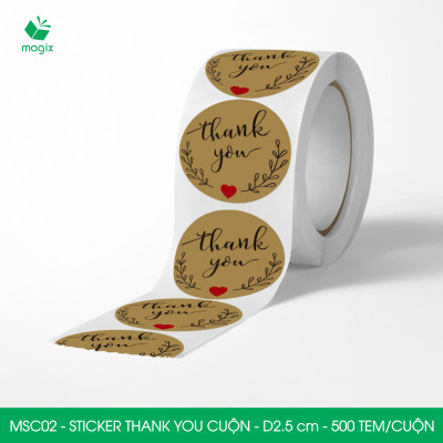 MSC02 - D2.5 cm - 1 Cuộn 500 sticker thank you tròn, nhãn dán thank you, tem dán cảm ơn