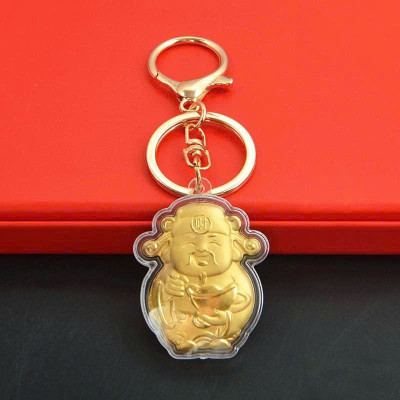 Móc Khóa Thần Tài Mạ Vàng Kèm Túi Nhung Đỏ May Mắn Tài Lộc