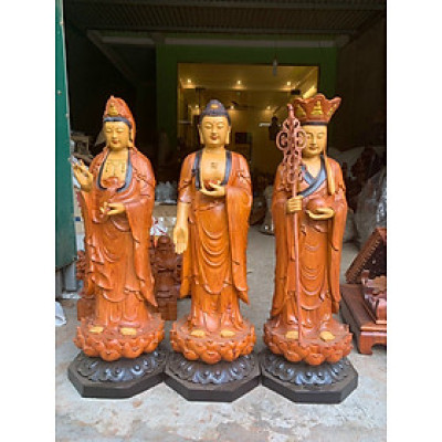 Bộ tượng phật tam thánh bằng gỗ hương đá tô làm mầu giả cổ kt cao 50×15×15cm 