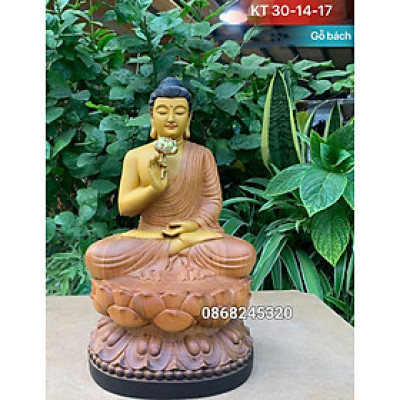 Tượng phật liên hoa bằng gỗ bách xanh thơm nức sơn pu giả cổ kt cao 30×14×17cm 