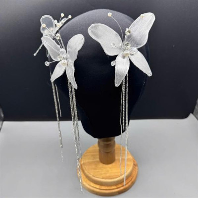 Set cài tóc bướm ánh trắng bạc dây đá tua rua mẫu mới