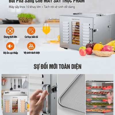 Máy sấy thực phẩm inox HTG-ST01 sấy khô hoa quả, trái cây, thịt cá rau củ, đa năng, 10 khay sấy inox 304, dung tích lớn, hàng chính hãng