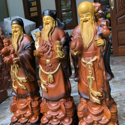Bộ tượng phật tam đa phúc lộc thọ bằng gỗ hương đá ,tô làm mầu giả cổ kt 30×11×9cm