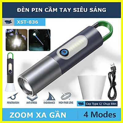 Đèn pin cầm tay siêu sáng chiếu xa 200m Zoom xa gần, Đèn pin Led cầm tay có móc treo, pin trâu, chống thấm nước IPX4-XST836 - Hàng chính hãng 