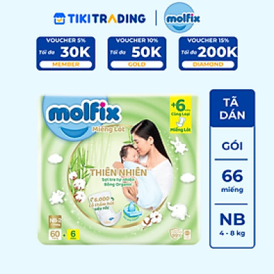 Miếng lót sơ sinh Molfix Thiên nhiên Super Jumbo Newborn 2 (trên 1 tháng tuổi) - Gói 60+6 miếng