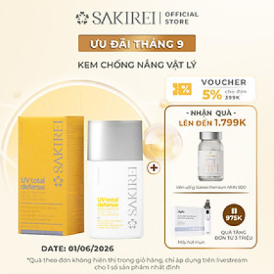 Chống nắng vật lý làm sáng mịn da Sakirei UV Total Defense Broad Spectrum SPF 50+ PA++++ Tinted Sunscreen